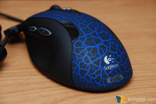 Blue cracked-finish 2007 Logitech G5 revision with two thumb buttons