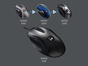 Logitech MX500, MX510, original MX518 and revived MX518 lined up by generation