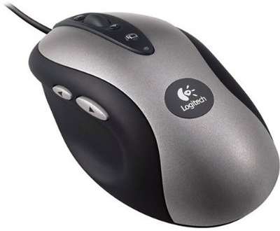 Silver and black Logitech MX500, showing its sculpted right-handed shell