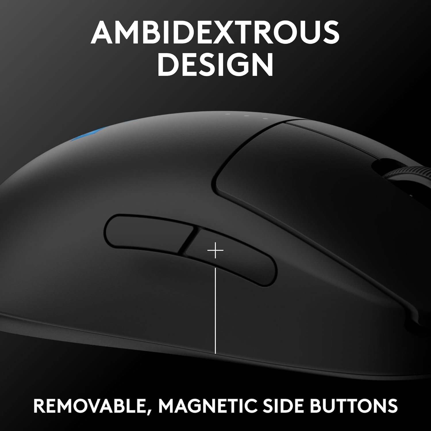 Logitech PRO 2 LIGHTSPEED promotional image illustrating removable magnetic side buttons